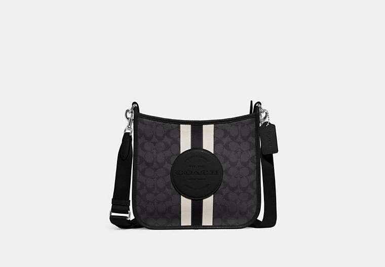 COACH®,DEMPSEY FILE BAG IN SIGNATURE JACQUARD WITH STRIPE AND COACH PATCH,Jacquard,Large,Silver/Black Smoke Black Multi,Front View
