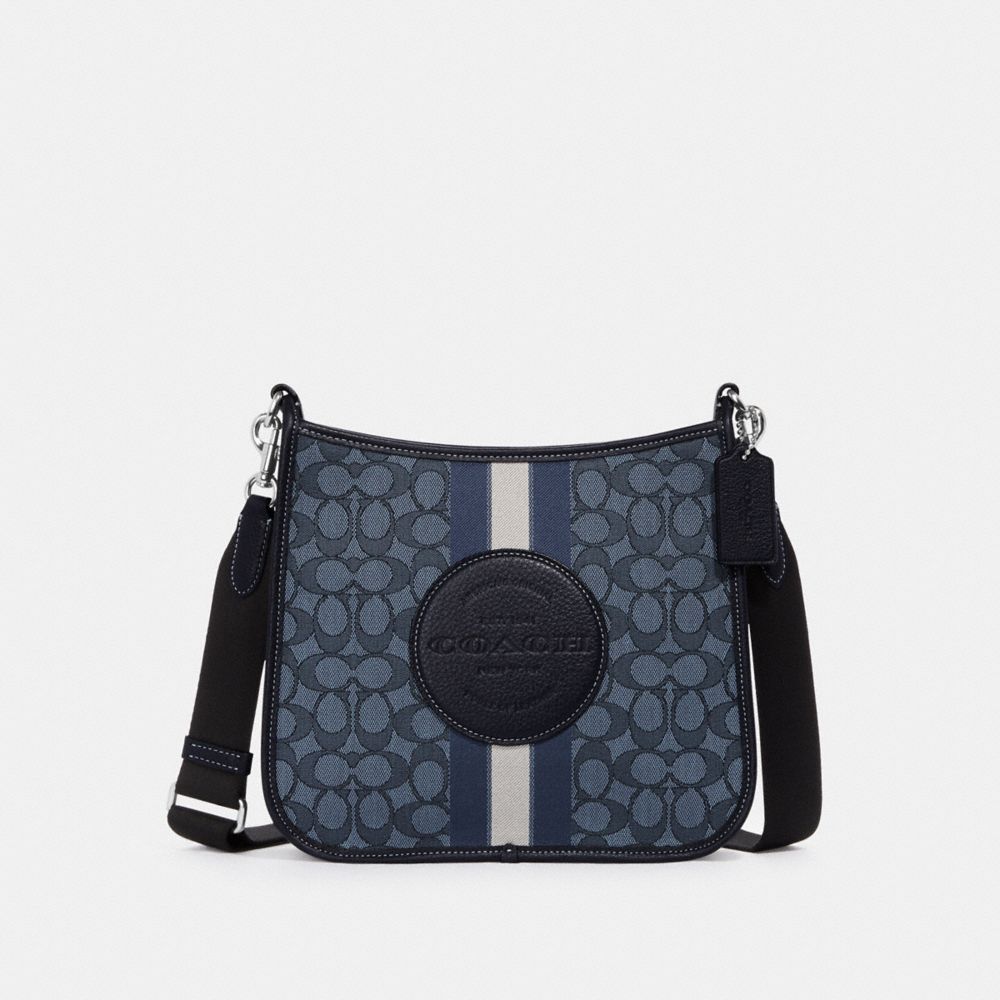 COACH®,DEMPSEY FILE BAG IN SIGNATURE JACQUARD WITH STRIPE AND COACH PATCH,Large,Silver/Denim/Midnight Navy Multi,Front View