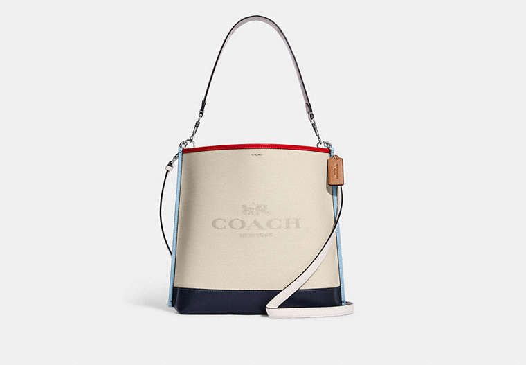 COACH®,MOLLIE BUCKET BAG IN COLORBLOCK,Medium,Silver/Natural Multi,Front View
