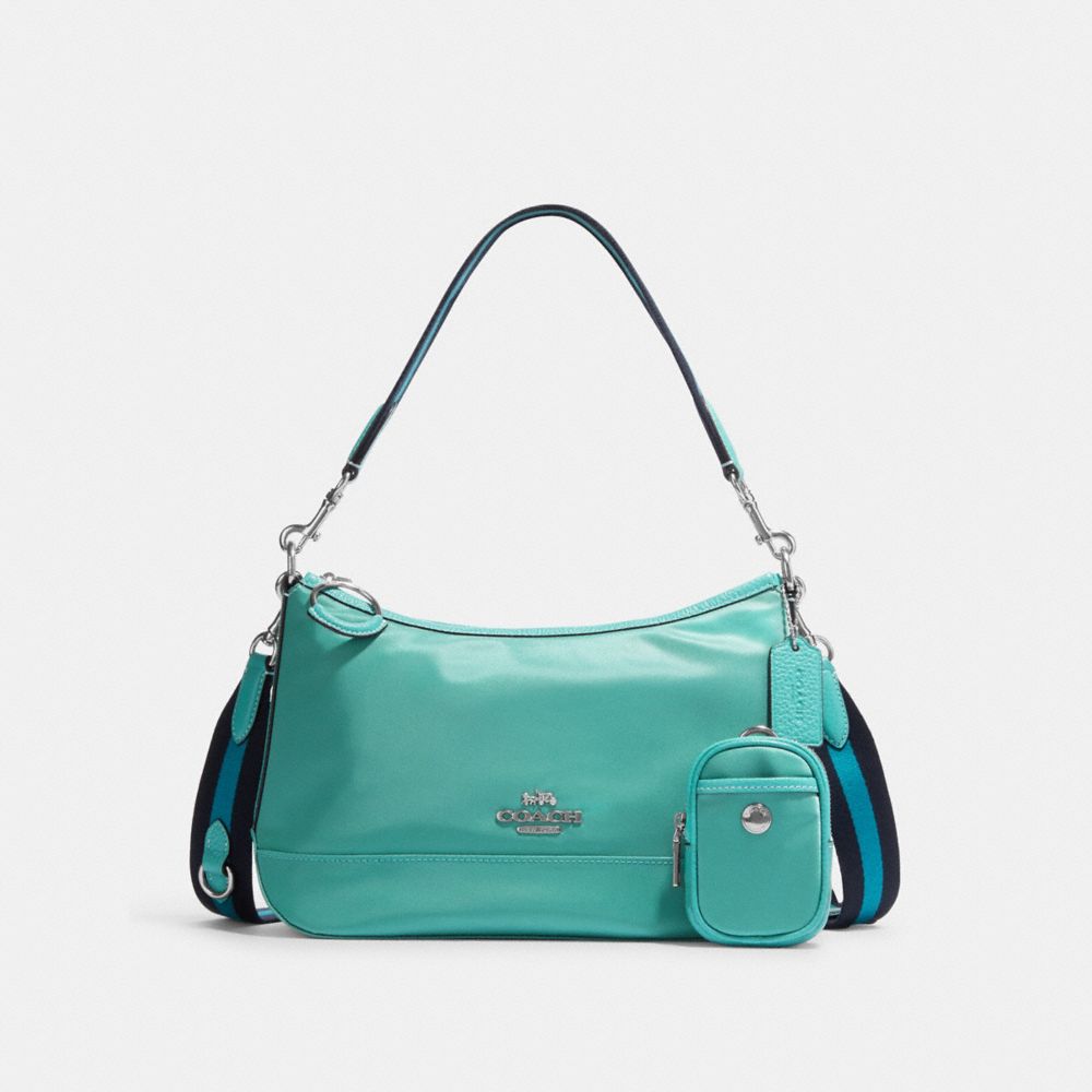 COACH®,ELLIS SHOULDER BAG,Leather,Mini,Silver/Blue Green Multi,Front View