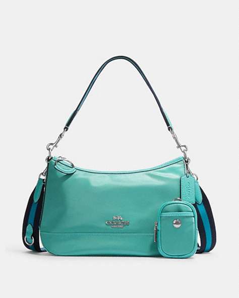 COACH®,ELLIS SHOULDER BAG,Leather,Mini,Silver/Blue Green Multi,Front View