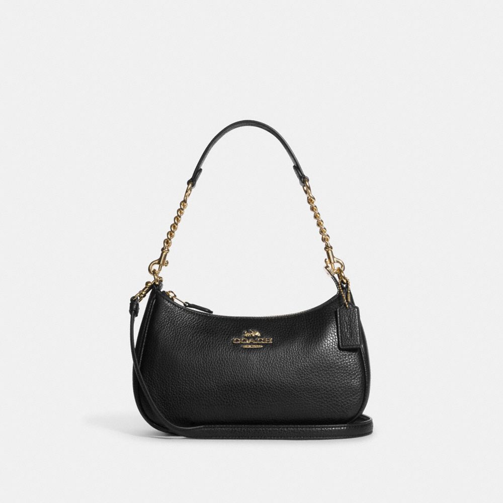 COACH®,Teri Shoulder Bag,Leather,Shoulder Bag,Gold Metal,Day Party,Black,Front View