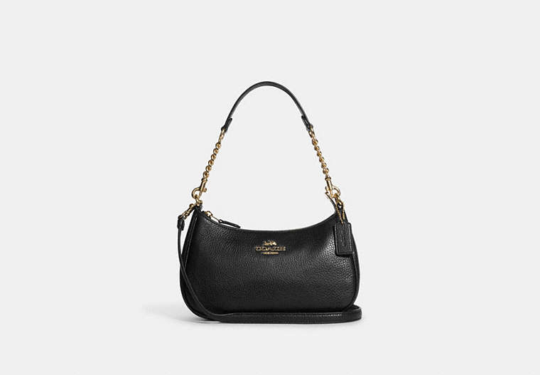 COACH®,TERI SHOULDER BAG,Pebbled Leather,Large,Anniversary,Gold/Black,Front View image number 0