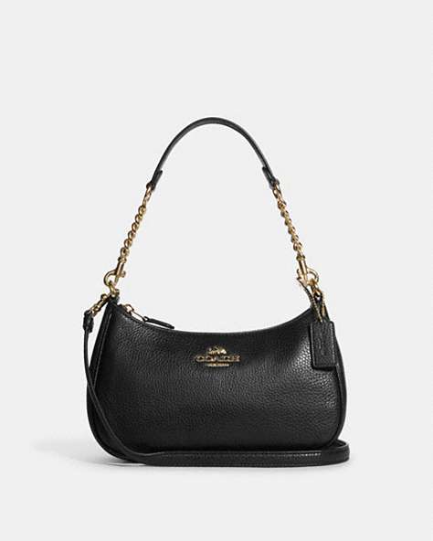 COACH®,TERI SHOULDER BAG,Pebbled Leather,Medium,Anniversary,Gold/Black,Front View