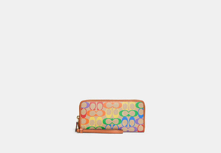 COACH®,CONTINENTAL WALLET IN RAINBOW SIGNATURE CANVAS,Signature Coated Canvas/Leather,Mini,Brass/Tan Natural Multi,Front View