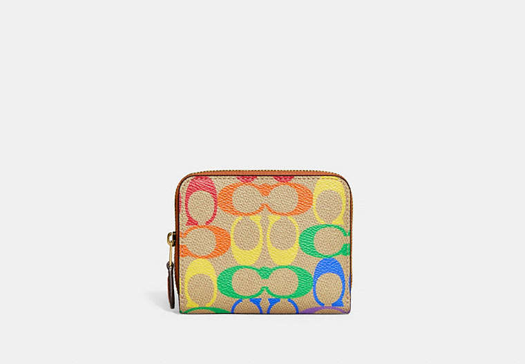 COACH®,BILLFOLD WALLET IN RAINBOW SIGNATURE CANVAS,Signature Coated Canvas/Leather,Mini,Brass/Tan Natural Multi,Front View