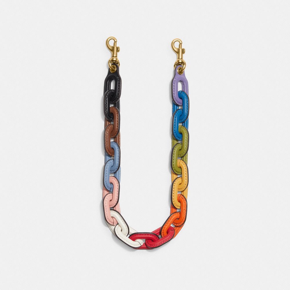 COACH®,RAINBOW LEATHER COVERED SHORT CHAIN STRAP,Glovetanned Leather,Brass/Multi,Angle View