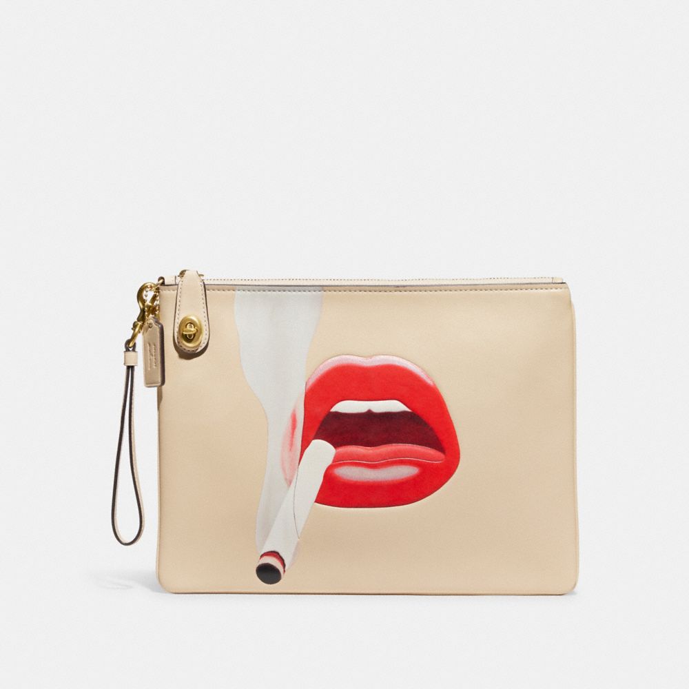 COACH®,COACH X TOM WESSELMANN LARGE TURNLOCK WRISTLET,Medium,Brass/Ivory,Front View