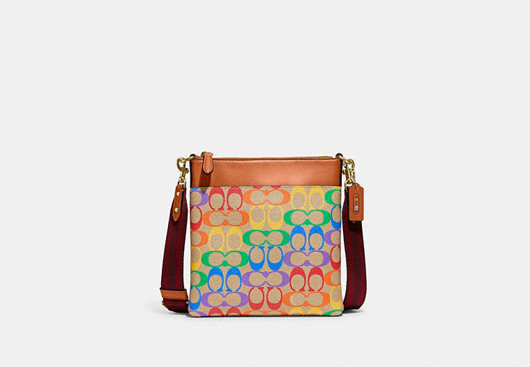 COACH®,KITT MESSENGER CROSSBODY IN RAINBOW SIGNATURE CANVAS,Signature Coated Canvas/Leather,Small,Brass/Tan Natural Multi,Front View