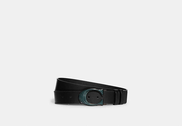 COACH®,SIGNATURE INLAY BUCKLE CUT-TO-SIZE REVERSIBLE BELT, 38MM,Polished Pebble Leather,Black,Front View