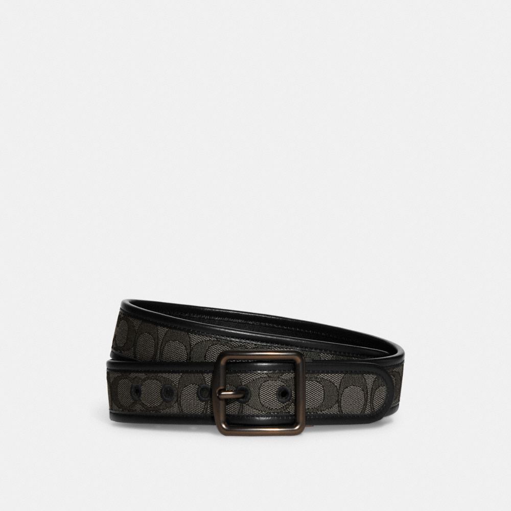 COACH®,HARNESS BUCKLE BELT, 38MM,Signature Jacquard,Smoke/Black,Front View