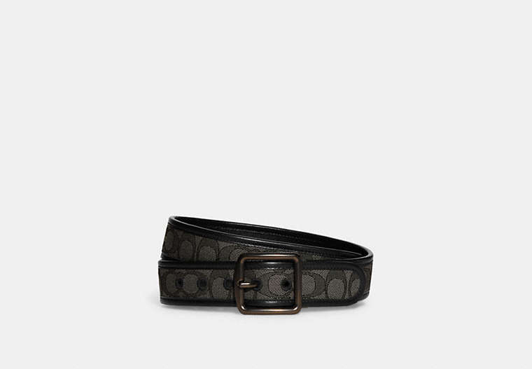 COACH®,Harness Buckle Belt, 38 MM,Signature Jacquard,Mini,Smoke/Black,Front View