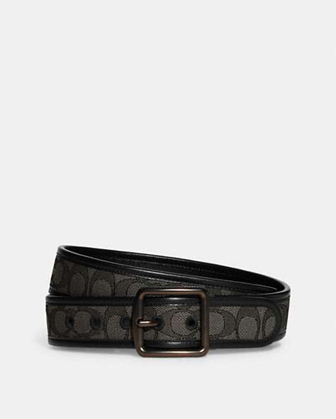COACH®,Harness Buckle Belt, 38 MM,Signature Jacquard,Smoke/Black,Front View