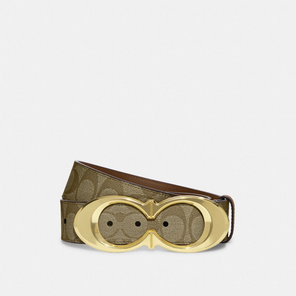 COACH®,SIGNATURE BUCKLE BELT, 25MM,Gold/Khaki Saddle,Front View