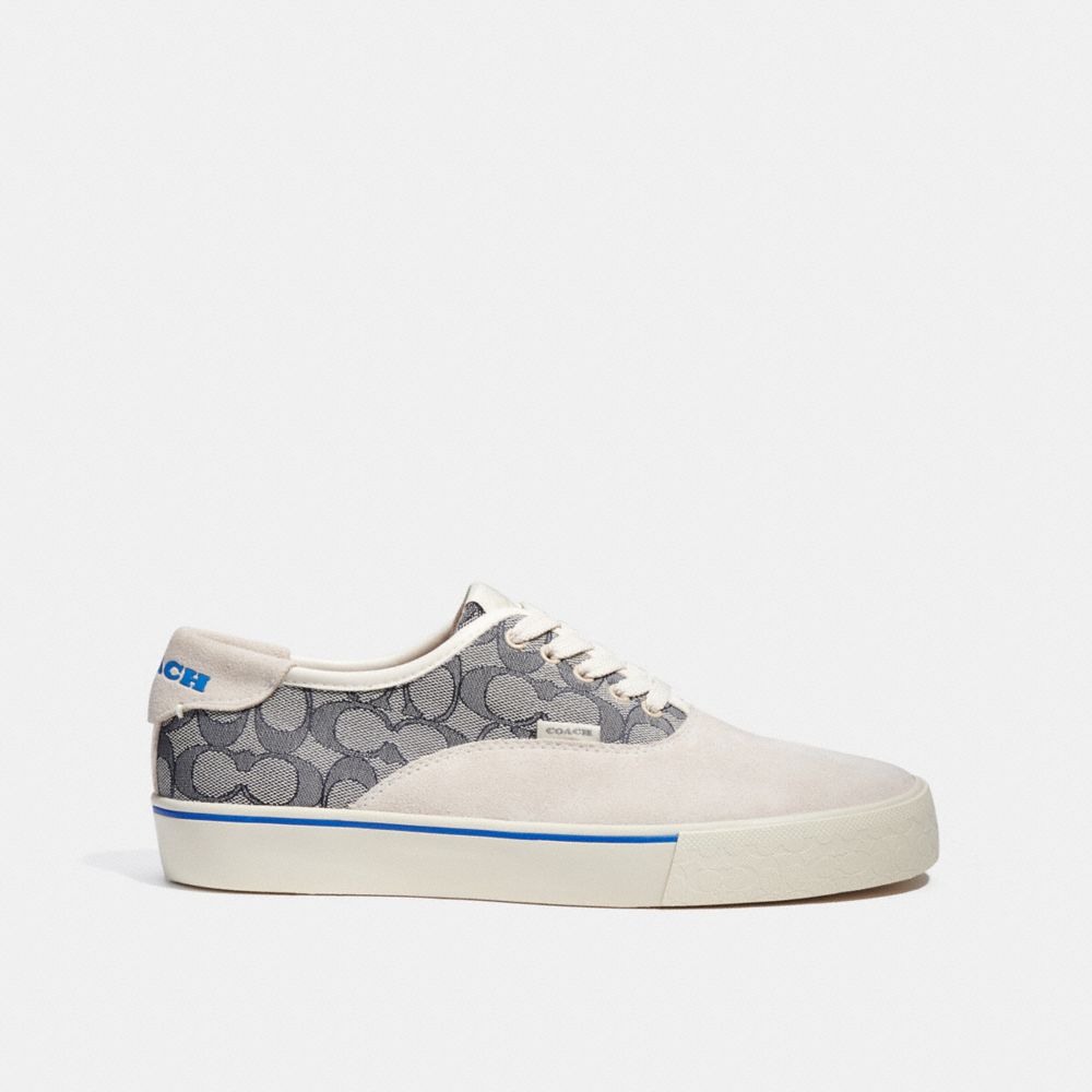 COACH®,SKATE LACE UP SNEAKER IN SIGNATURE JACQUARD,Dark Ocean/Steam,Angle View