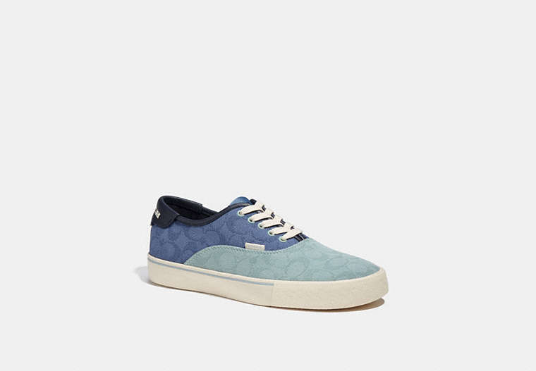 COACH®,SKATE LACE UP SNEAKER IN SIGNATURE JACQUARD CANVAS,Signature Jacquard,Aqua/Washed Chambray,Front View