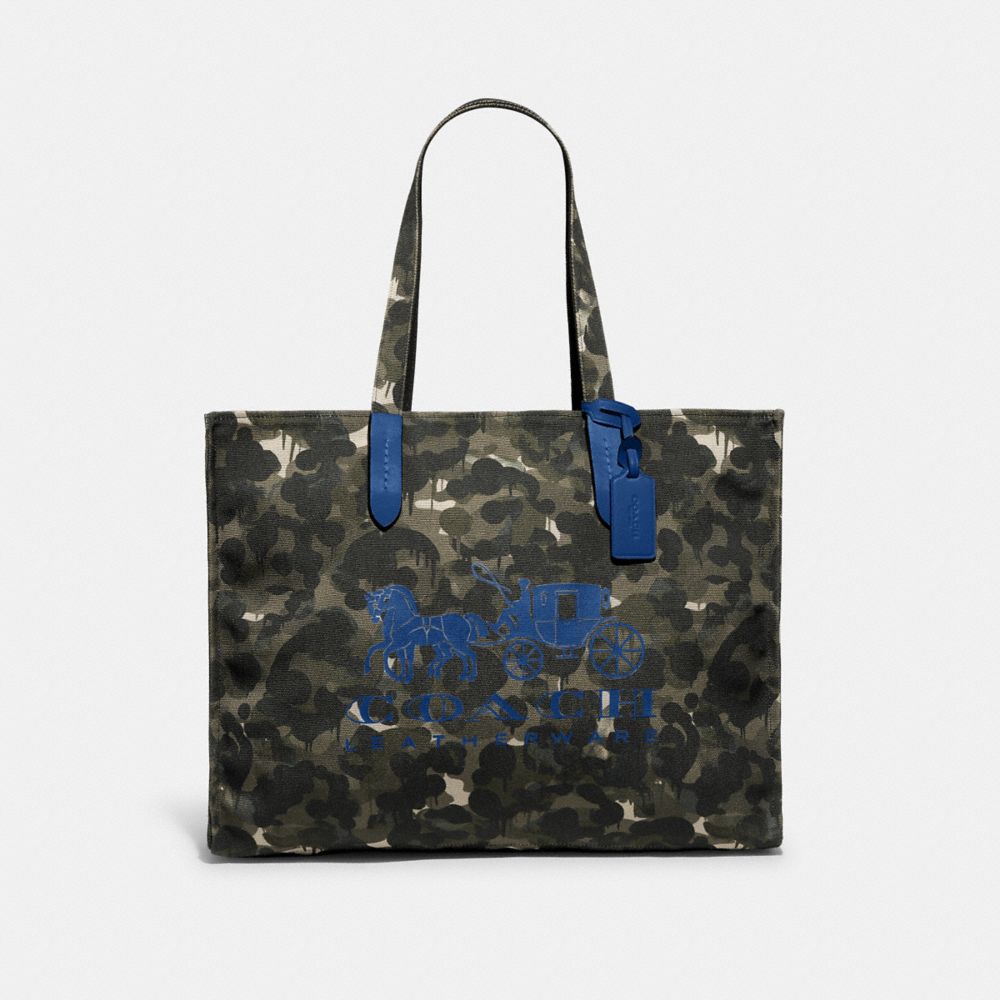 COACH®,100 PERCENT RECYCLED CANVAS TOTE 42 WITH CAMO PRINT AND HORSE AND CARRIAGE,Blue Fin Multi,Front View image number 0