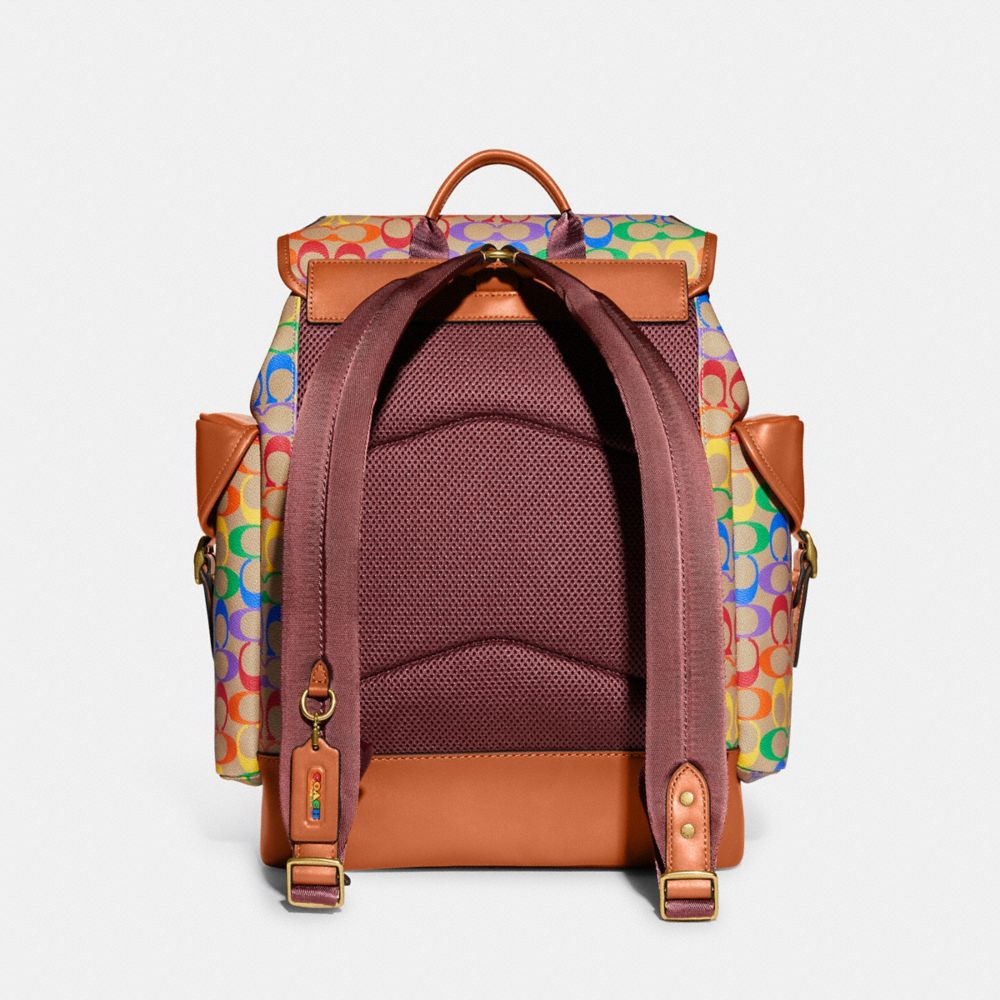 COACH®,HITCH BACKPACK IN RAINBOW SIGNATURE CANVAS,Signature Coated Canvas/Leather,Large,Saddle Multi,Back View