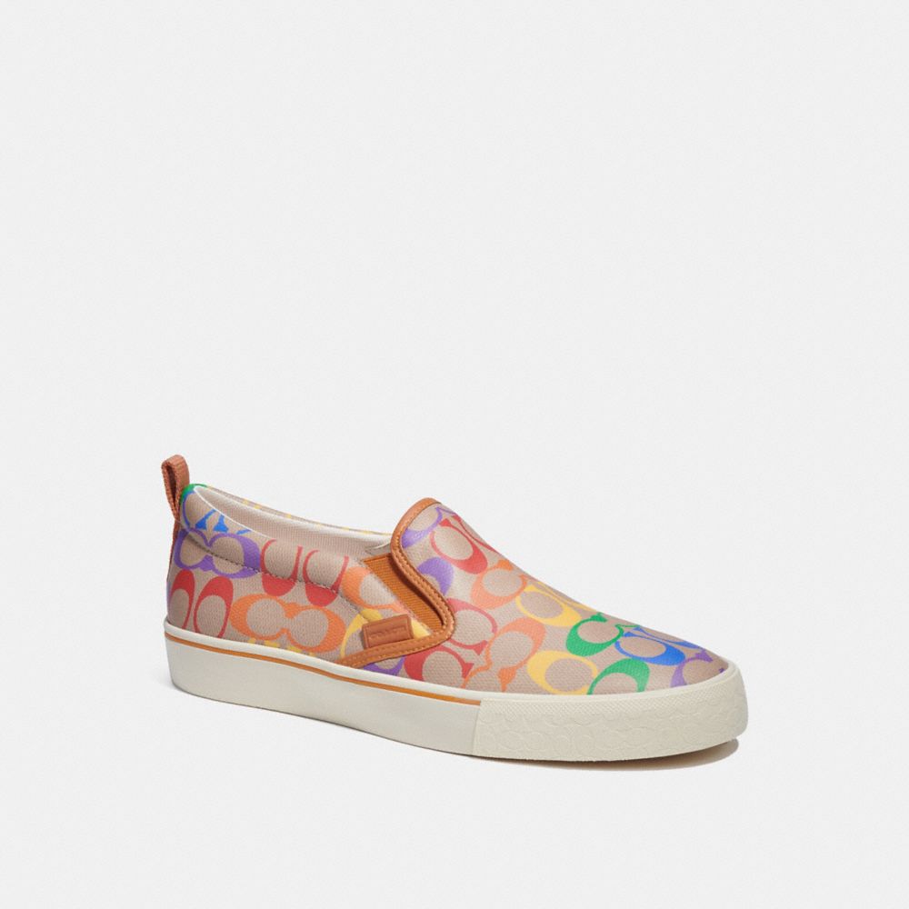 COACH®,SKATE SLIP ON SNEAKER IN RAINBOW SIGNATURE CANVAS,Signature Coated Canvas/Leather,Rainbow Signature,Front View