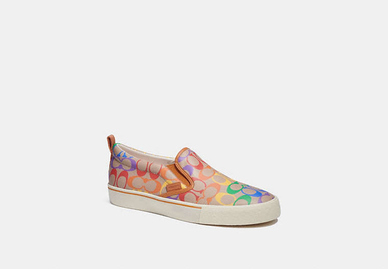 COACH®,SKATE SLIP ON SNEAKER IN RAINBOW SIGNATURE CANVAS,Signature Coated Canvas/Leather,Rainbow Signature,Front View