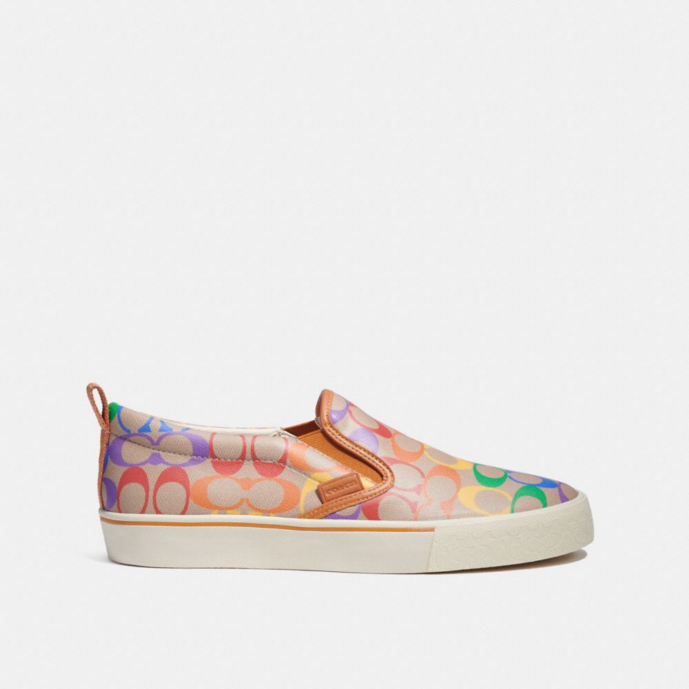 COACH®,SKATE SLIP ON SNEAKER IN RAINBOW SIGNATURE CANVAS,Signature Coated Canvas/Leather,Rainbow Signature,Angle View