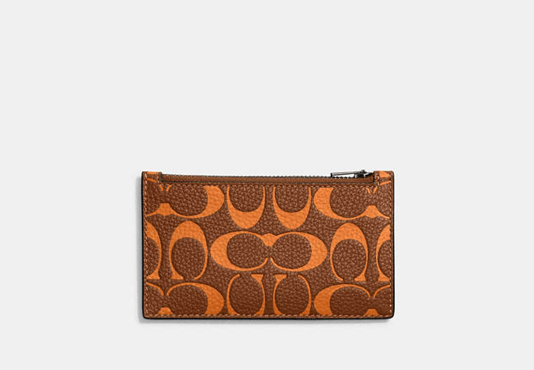 COACH®,ZIP CARD CASE IN SIGNATURE LEATHER,Polished Pebble Leather,Saddle/Papaya,Front View