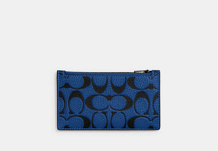 COACH®,ZIP CARD CASE IN SIGNATURE LEATHER,Polished Pebble Leather,Blue Fin/Black,Front View