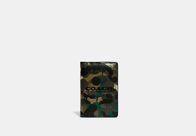 COACH®,CARD WALLET IN SIGNATURE CANVAS WITH CAMO PRINT,Signature Coated Canvas,Mini,Charcoal Multi,Front View