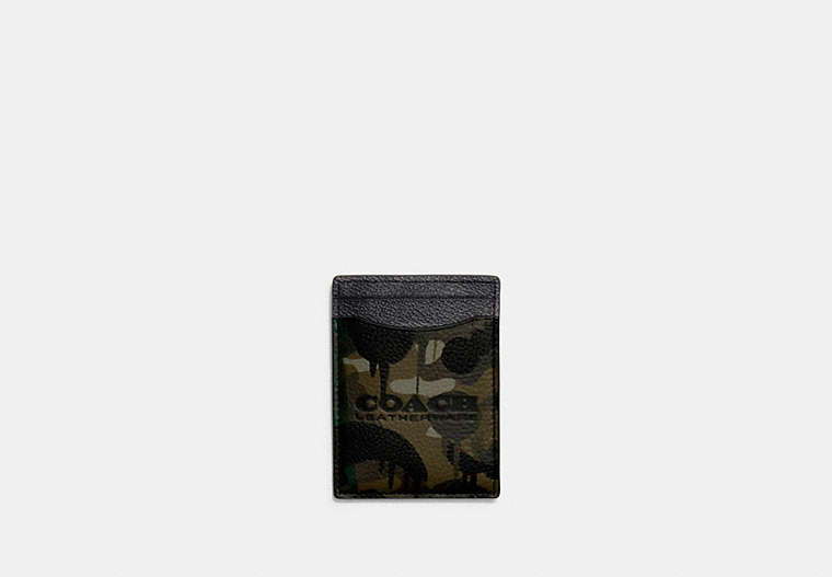COACH®,MONEY CLIP CARD CASE IN SIGNATURE CANVAS WITH CAMO PRINT,Signature Coated Canvas,Charcoal Multi,Front View