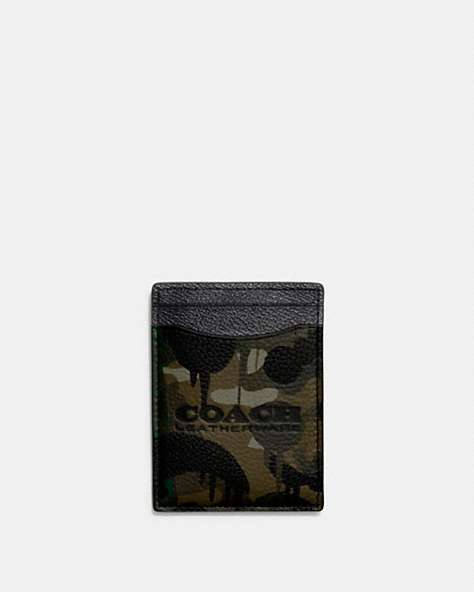 COACH®,MONEY CLIP CARD CASE IN SIGNATURE CANVAS WITH CAMO PRINT,Signature Coated Canvas,Charcoal Multi,Front View