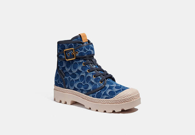 COACH®,TROOPER MID TOP BOOT IN SIGNATURE DENIM,Leather,Denim,Front View