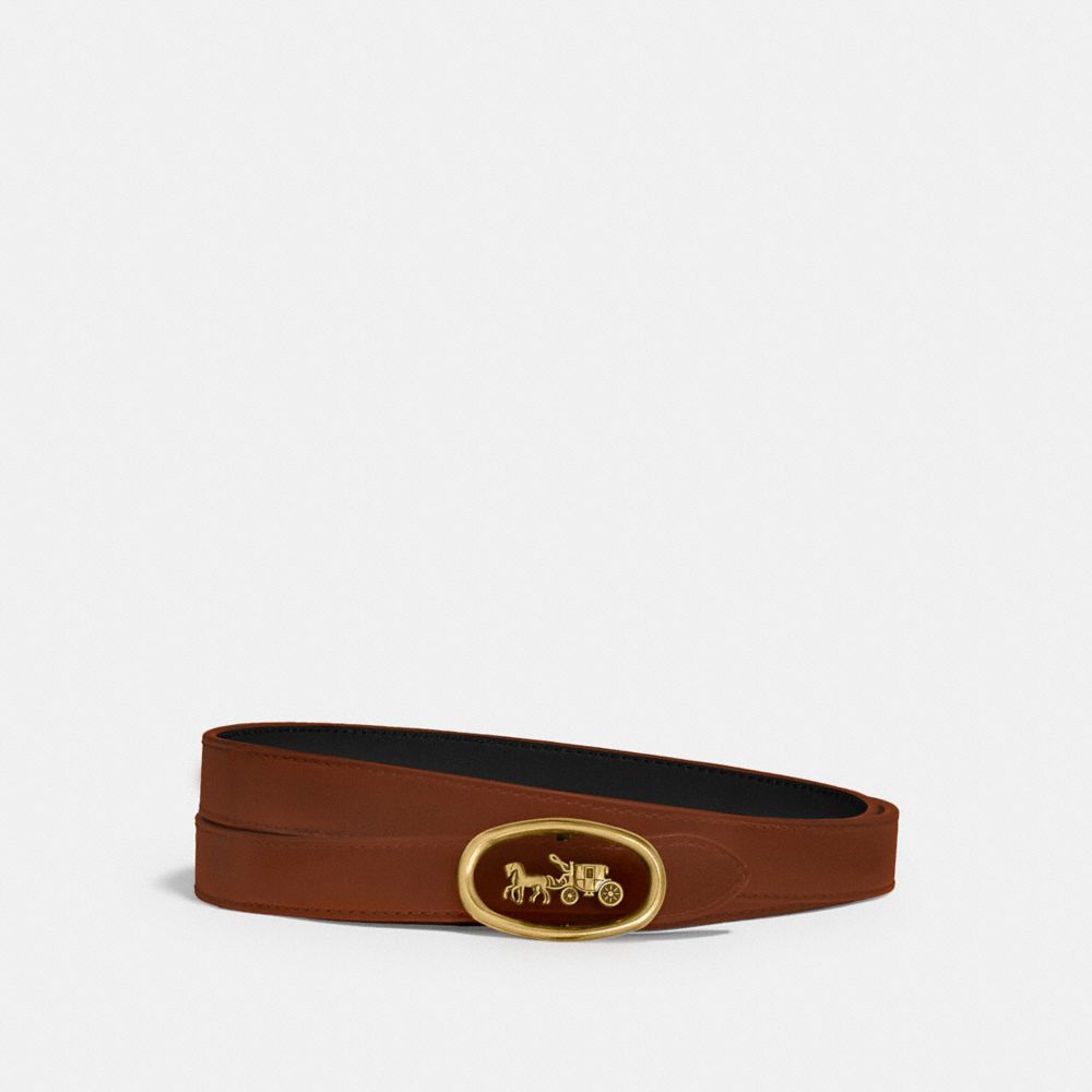 COACH®,Horse And Carriage Buckle Reversible Belt, 20 Mm,Calfskin Leather,Standard,Logo,Reversible,Gold Metal,Casual,Multi Color,Front View