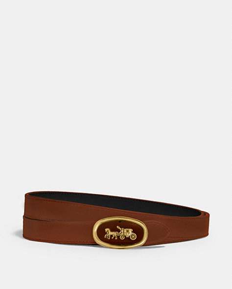 COACH®,HORSE AND CARRIAGE BUCKLE REVERSIBLE BELT, 20MM,Brass/Saddle,Front View