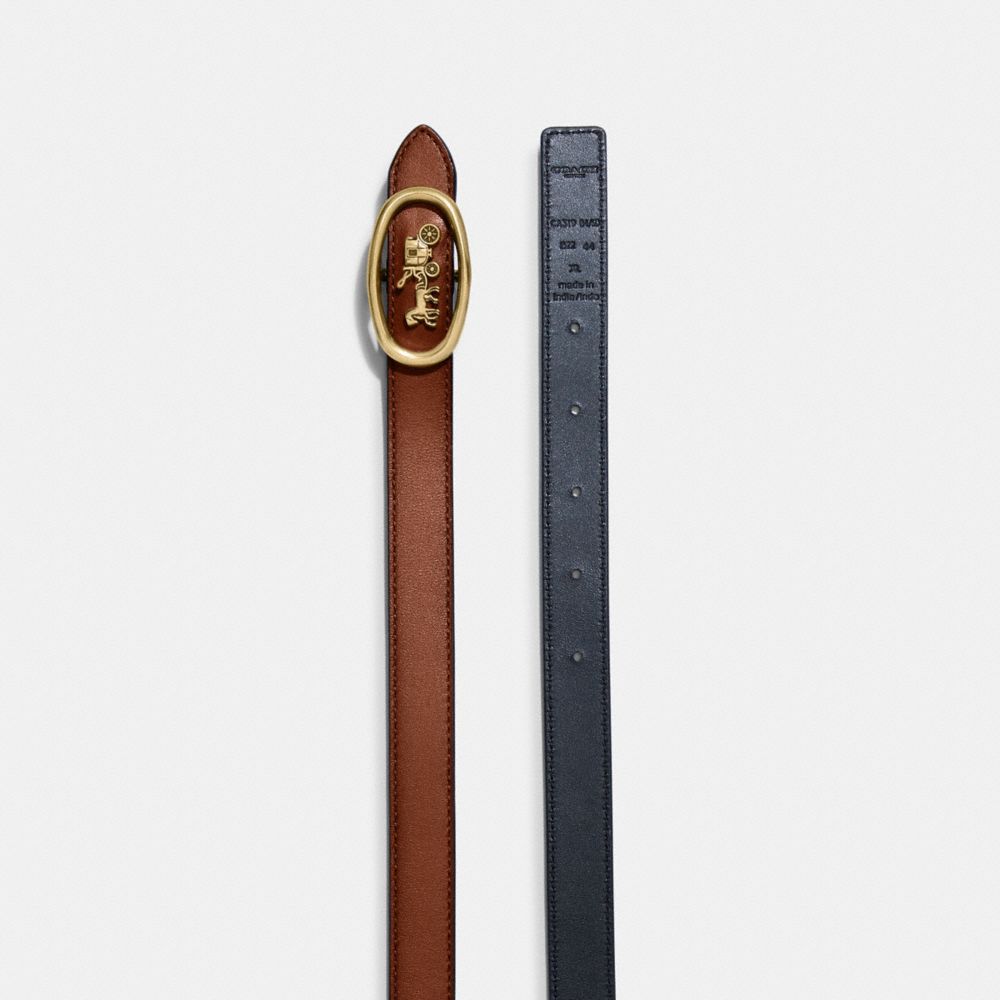 COACH®,Horse And Carriage Buckle Reversible Belt, 20 Mm,Calfskin Leather,Standard,Logo,Reversible,Gold Metal,Casual,Multi Color,Angle View