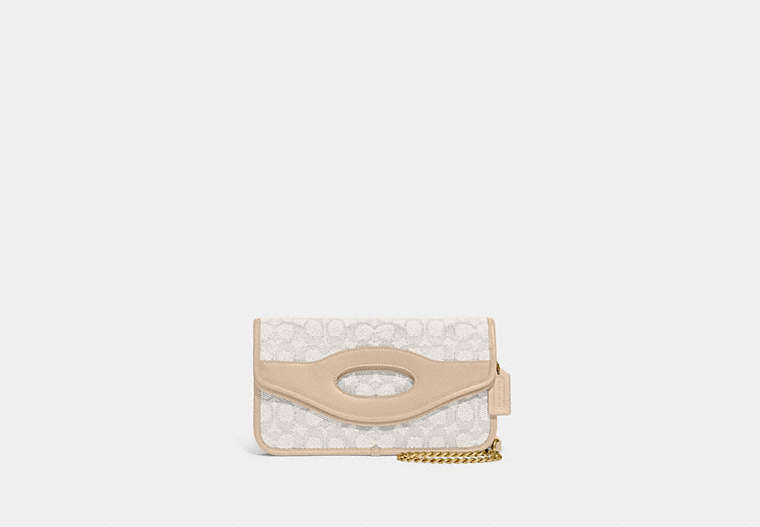 COACH®,FOLDOVER CUT OUT CLUTCH CROSSBODY IN SIGNATURE JACQUARD,Jacquard/Smooth Leather,Mini,Brass/Chalk Ivory,Front View