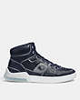 COACH®,CITYSOLE HIGH TOP SNEAKER WITH TROMPE L'OEIL,Leather,Midnight Navy/Optic White,Angle View