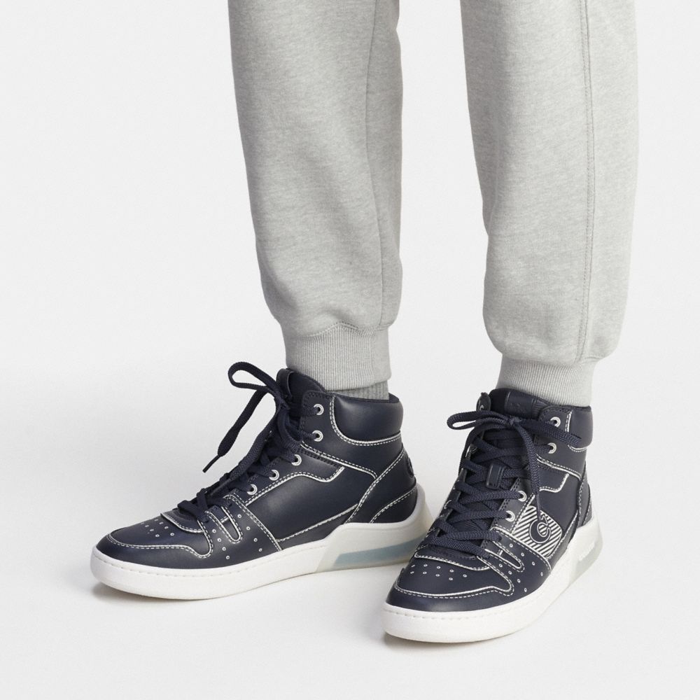 COACH®,Citysole High Top Sneaker With Trompe L'oeil,Rubber,Leather,Casual,High Top,Logo,Pattern,Cushioned,Casual,Navy,Detail View