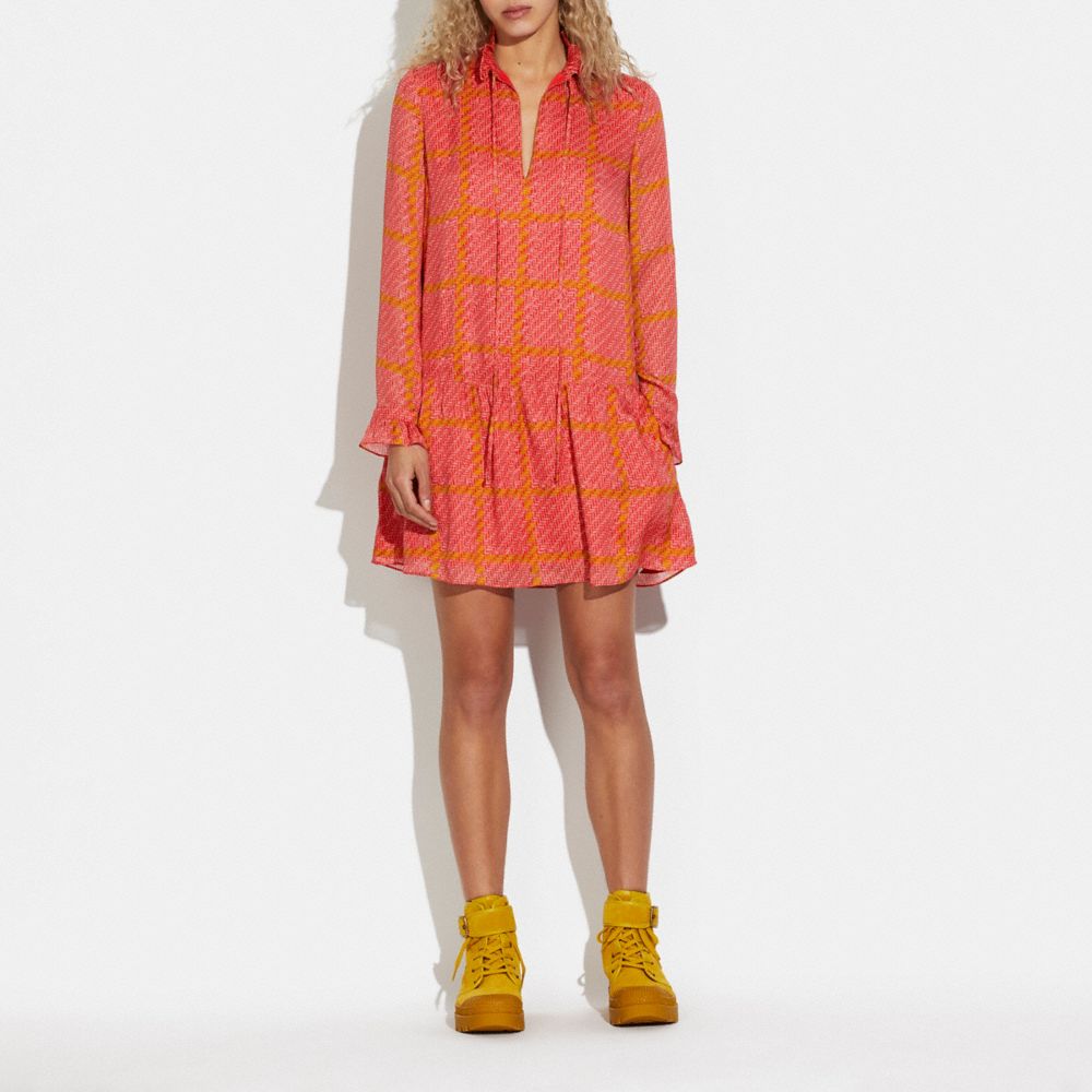 COACH®,BONNIE CASHIN PLAID DROP WAIST MINI DRESS,Pink/Yellow,Scale View