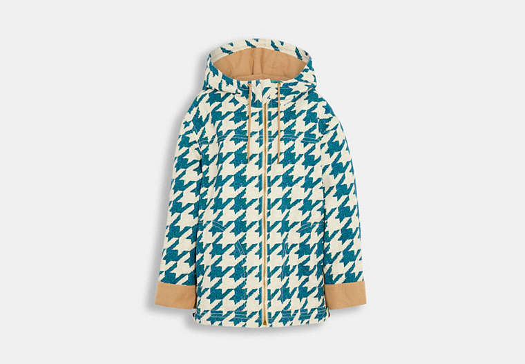 COACH®,HOUNDSTOOTH HOODED JACKET IN ORGANIC COTTON,cotton,Teal/Cream,Front View