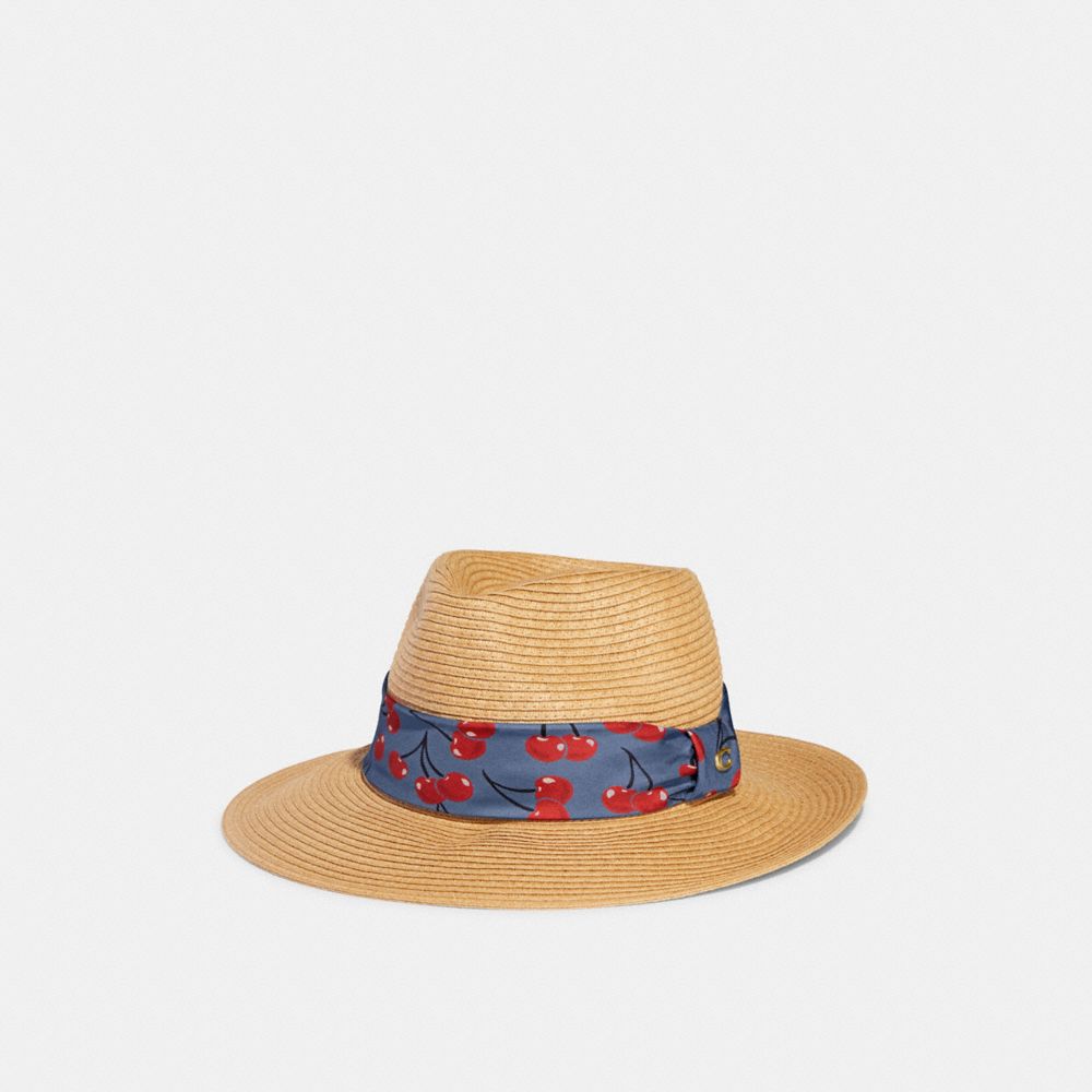 COACH®,STRAW BRIMMED HAT WITH CHERRY PRINT SCARF,Natural,Front View