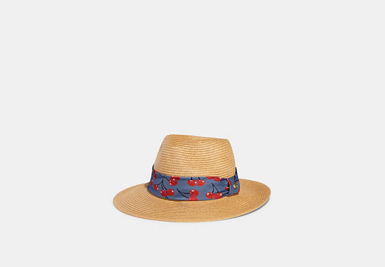 COACH®,STRAW BRIMMED HAT WITH CHERRY PRINT SCARF,Straw,Natural,Front View
