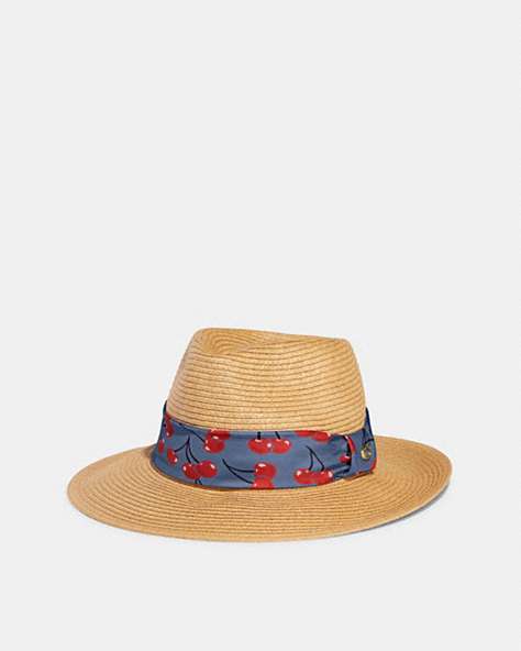 COACH®,STRAW BRIMMED HAT WITH CHERRY PRINT SCARF,Straw,Natural,Front View