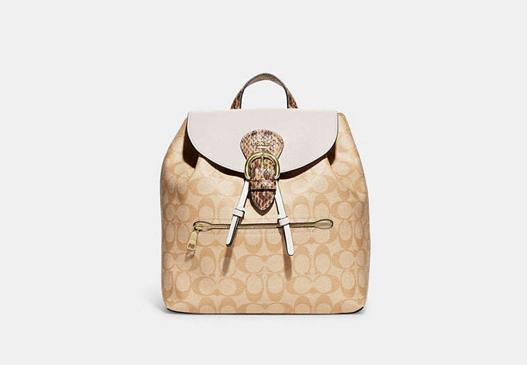 COACH®,KLEO BACKPACK IN BLOCKED SIGNATURE CANVAS,pvc,Large,Gold/Light Khaki Chalk Multi,Front View