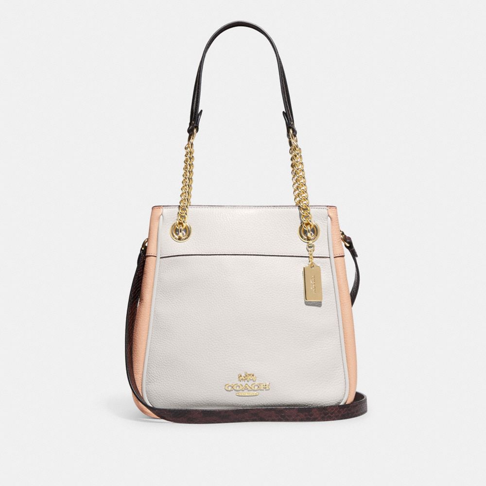 COACH®,CAMMIE CHAIN BUCKET BAG IN COLORBLOCK,Gold/Chalk Multi,Front View