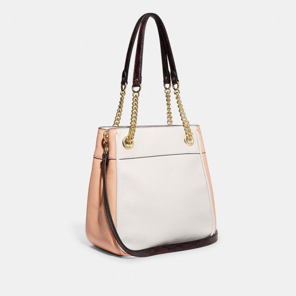 COACH®,CAMMIE CHAIN BUCKET BAG IN COLORBLOCK,Gold/Chalk Multi,Angle View