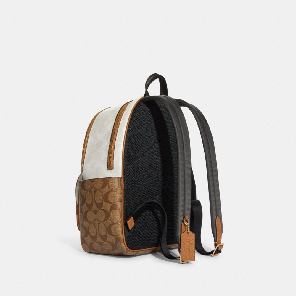COACH®,COURT BACKPACK IN BLOCKED SIGNATURE CANVAS,Signature Canvas,Large,Gold/Chalk/Glacier White Multi,Angle View