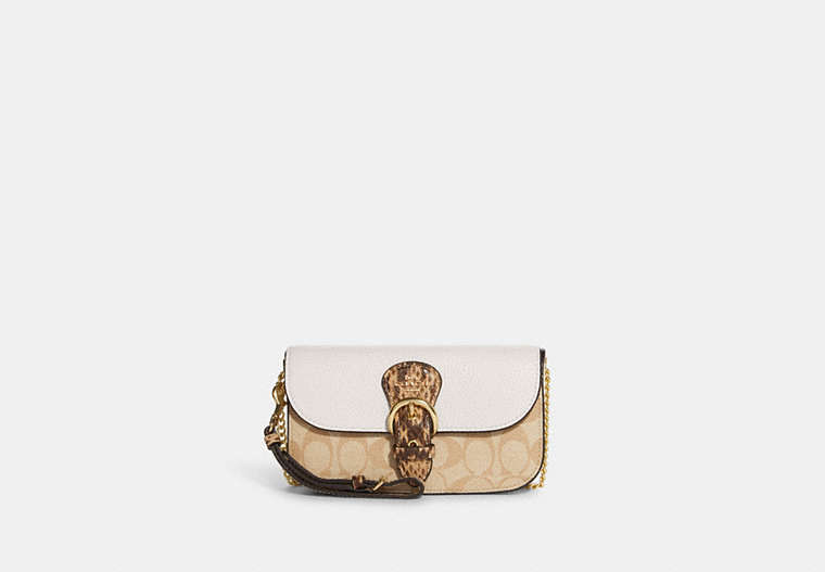 COACH®,KLEO CROSSBODY IN BLOCKED SIGNATURE CANVAS,pvc,Gold/Light Khaki Chalk Multi,Front View image number 0