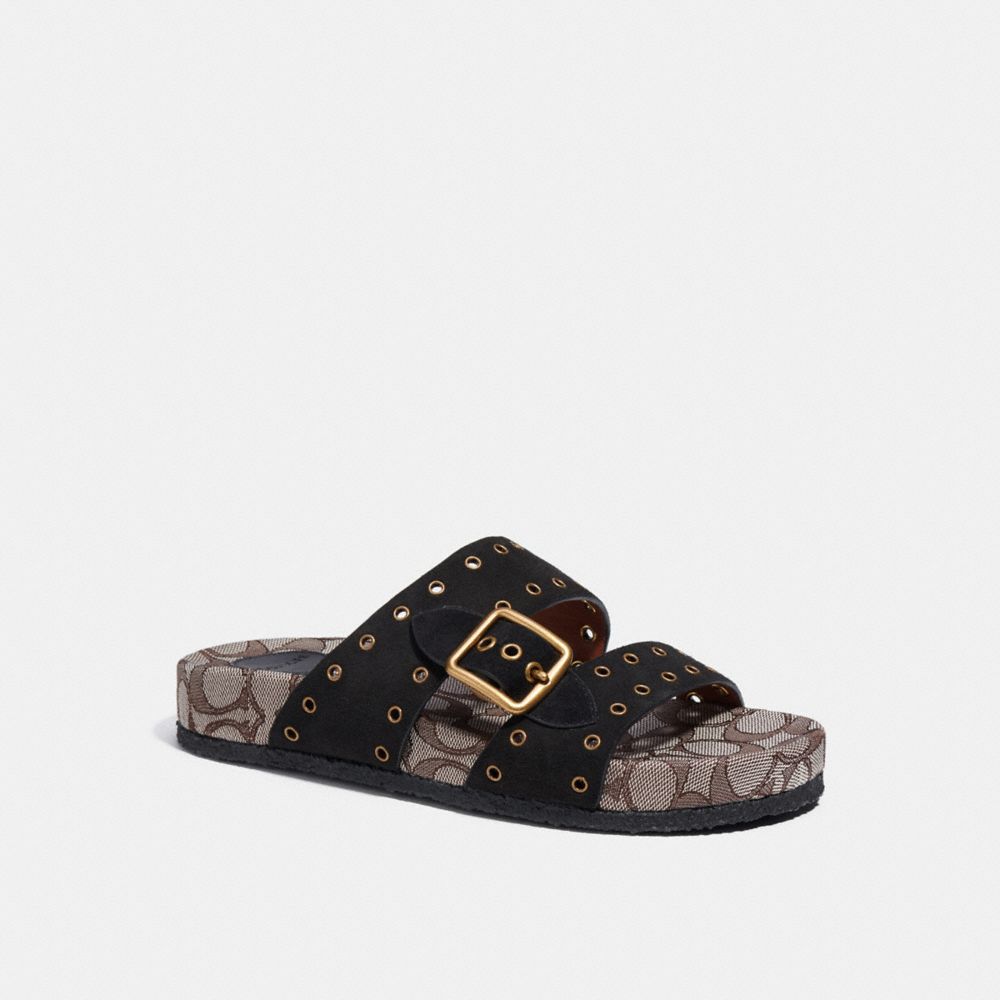 COACH®,ALLY SANDAL,Suede,Black/Oak,Front View