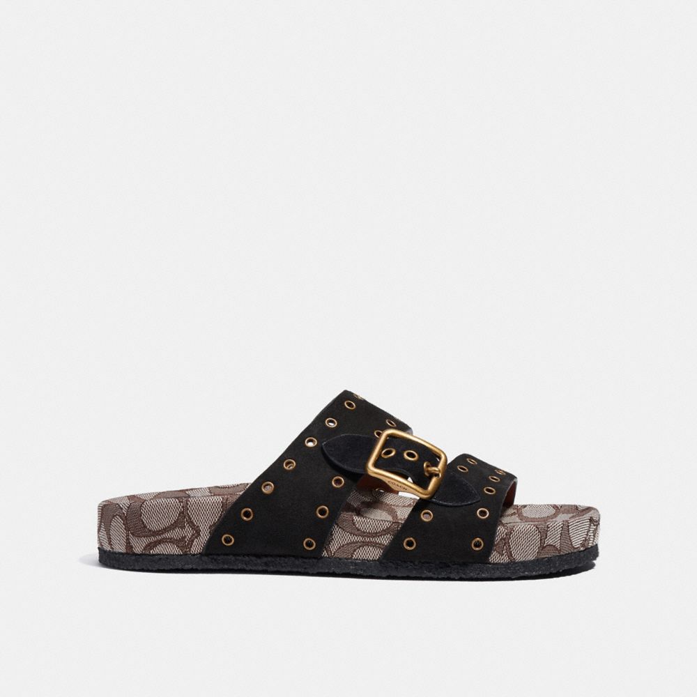 COACH®,ALLY SANDAL,Suede,Black/Oak,Angle View