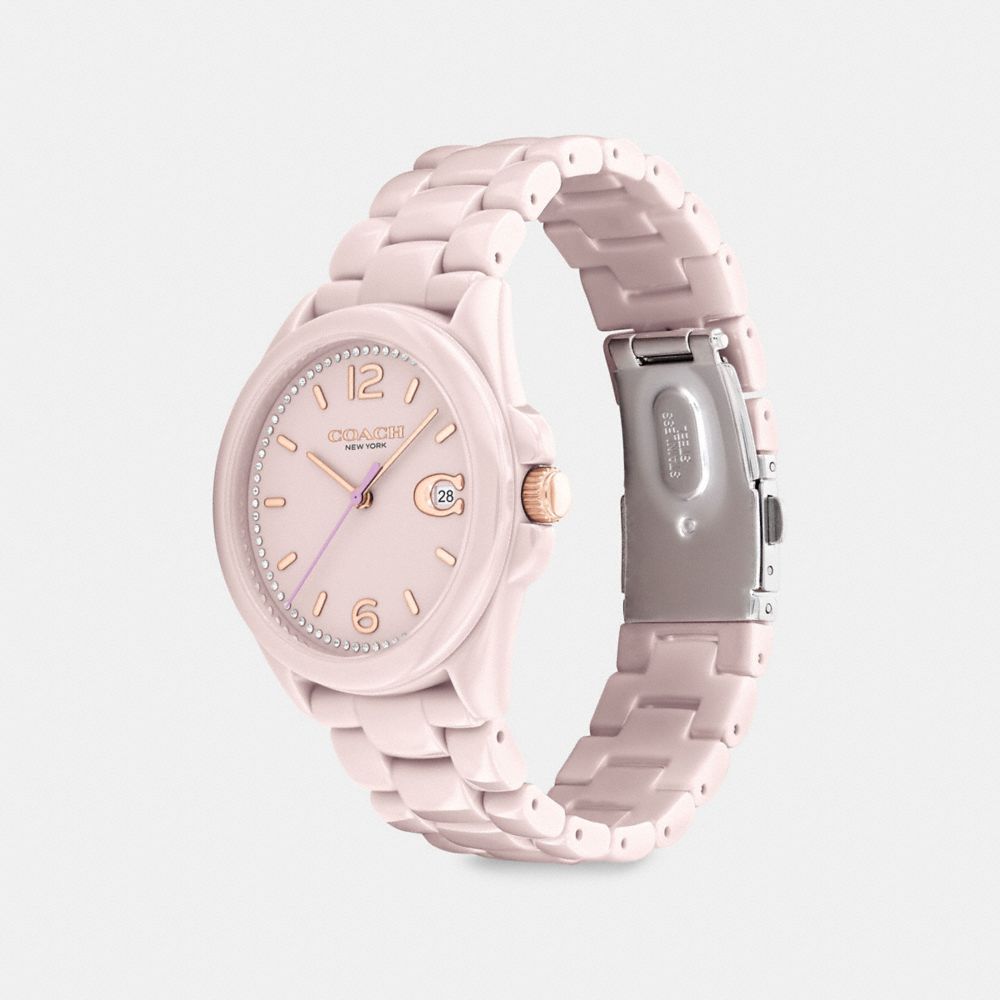 COACH®,MONTRE GREYSON, 36 MM,Céramique,Rose fard.,Angle View